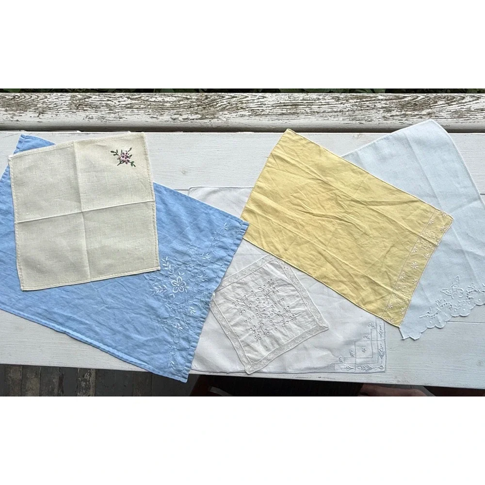 Vintage Embroidered Linen Lot 6 Cutwork Floral Table Linens Hankies
